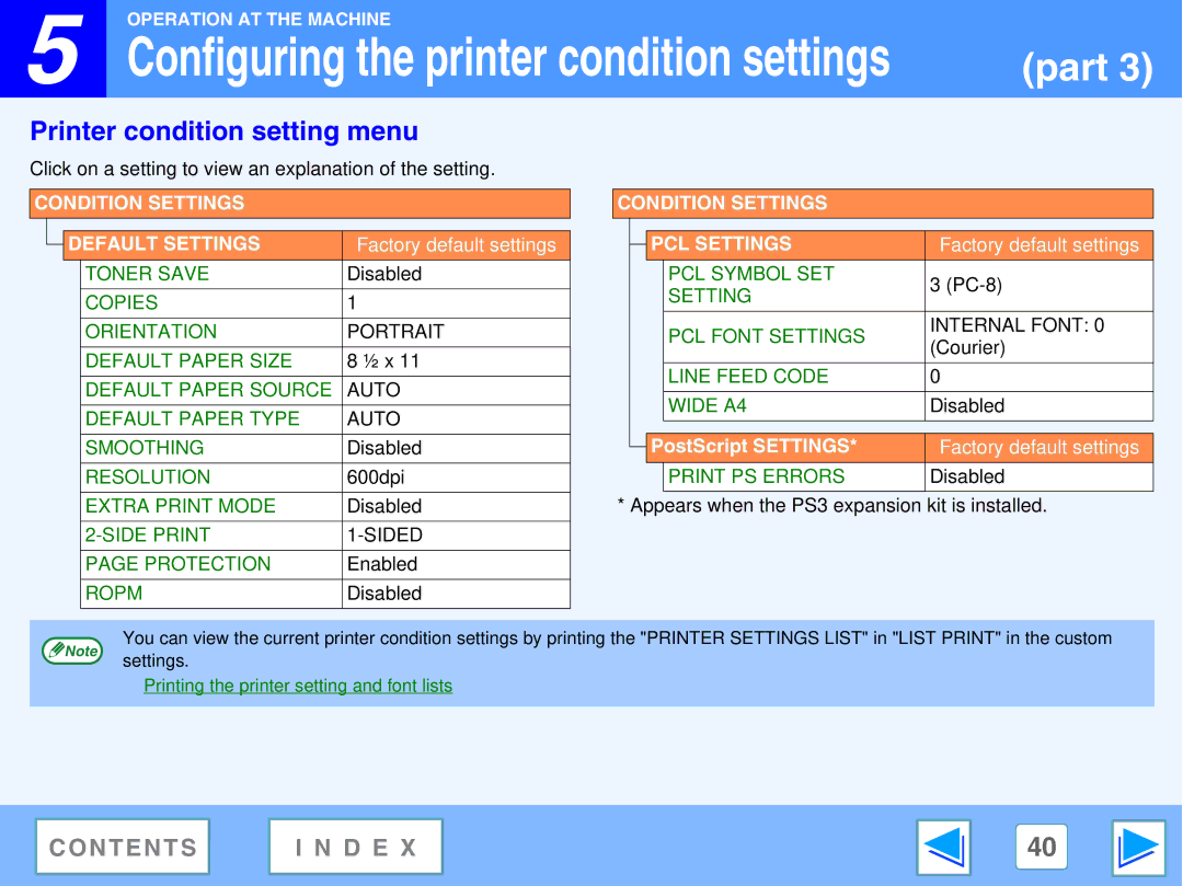 Sharp M270, AR-M230 manual Printer condition setting menu, Condition Settings Default Settings 