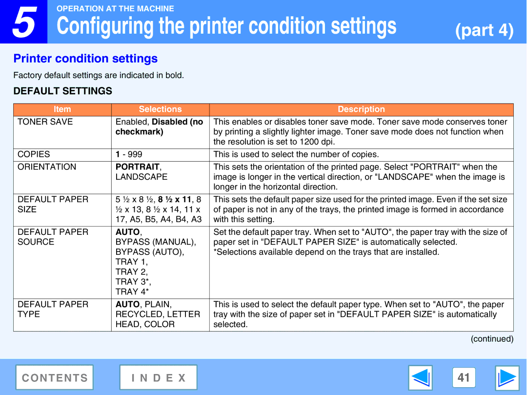 Sharp AR-M230, M270 manual Printer condition settings, Default Settings 