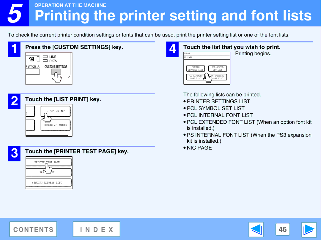 Sharp M270, AR-M230 Printing the printer setting and font lists, Press the Custom Settings key, Touch the List Print key 