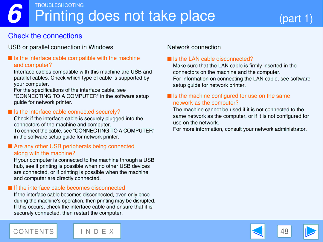 Sharp M270 Printing does not take place, Check the connections, USB or parallel connection in Windows, Network connection 