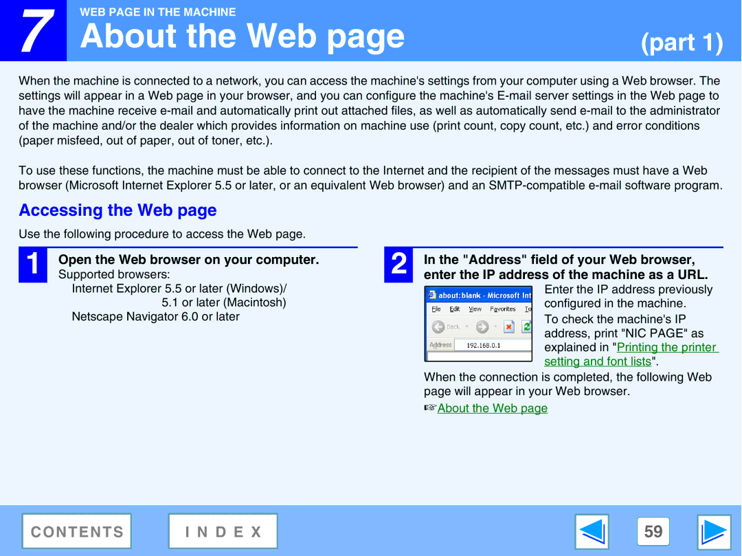 Sharp AR-M230 About the Web, Accessing the Web, Open the Web browser on your computer, Address field of your Web browser 