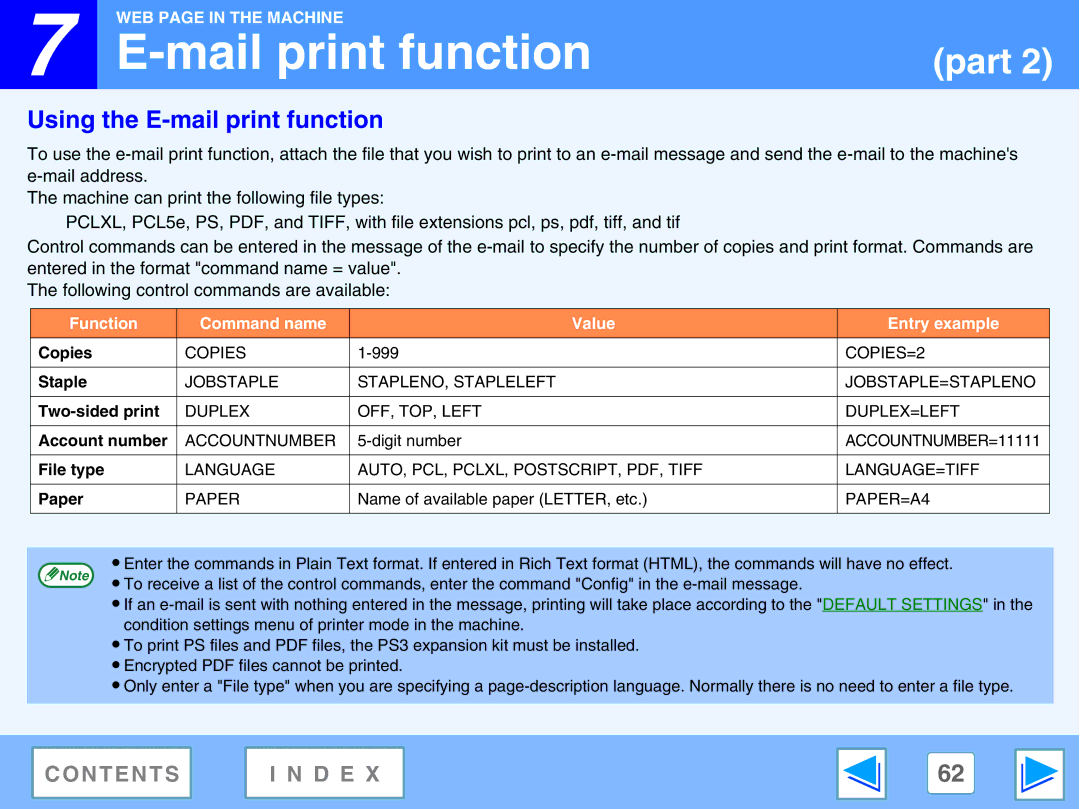 Sharp M270, AR-M230 manual Using the E-mail print function, Function Command name Value Entry example 