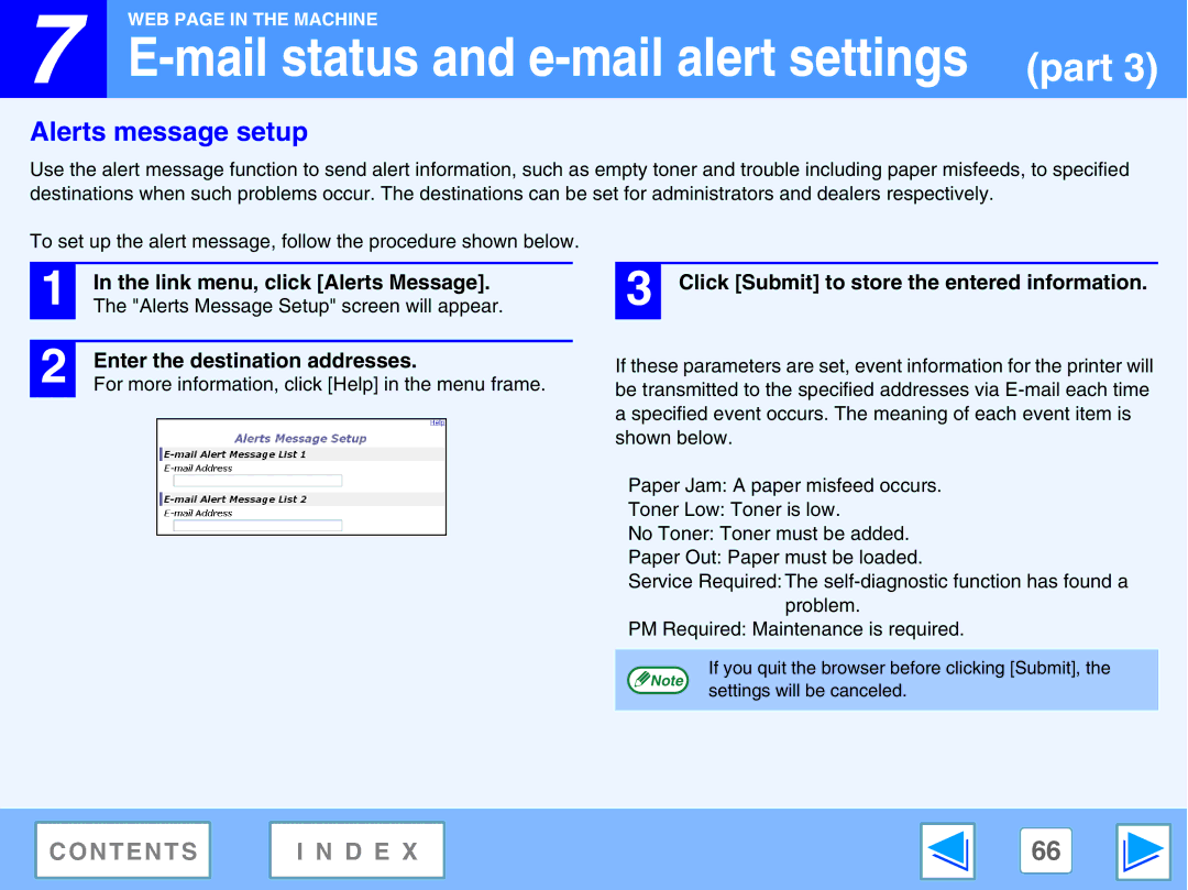 Sharp M270, AR-M230 manual Alerts message setup, Link menu, click Alerts Message, Enter the destination addresses 