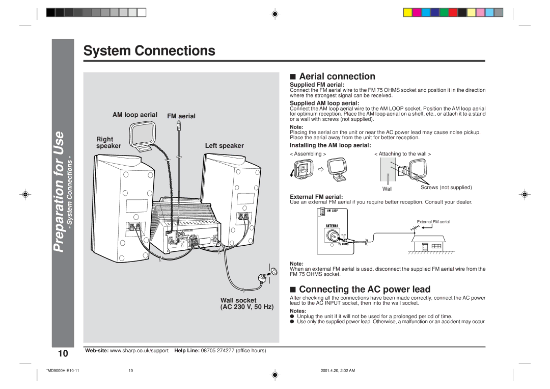 Sharp MD-E9000H operation manual System Connections, Aerial connection, Connecting the AC power lead, For Use Connections 