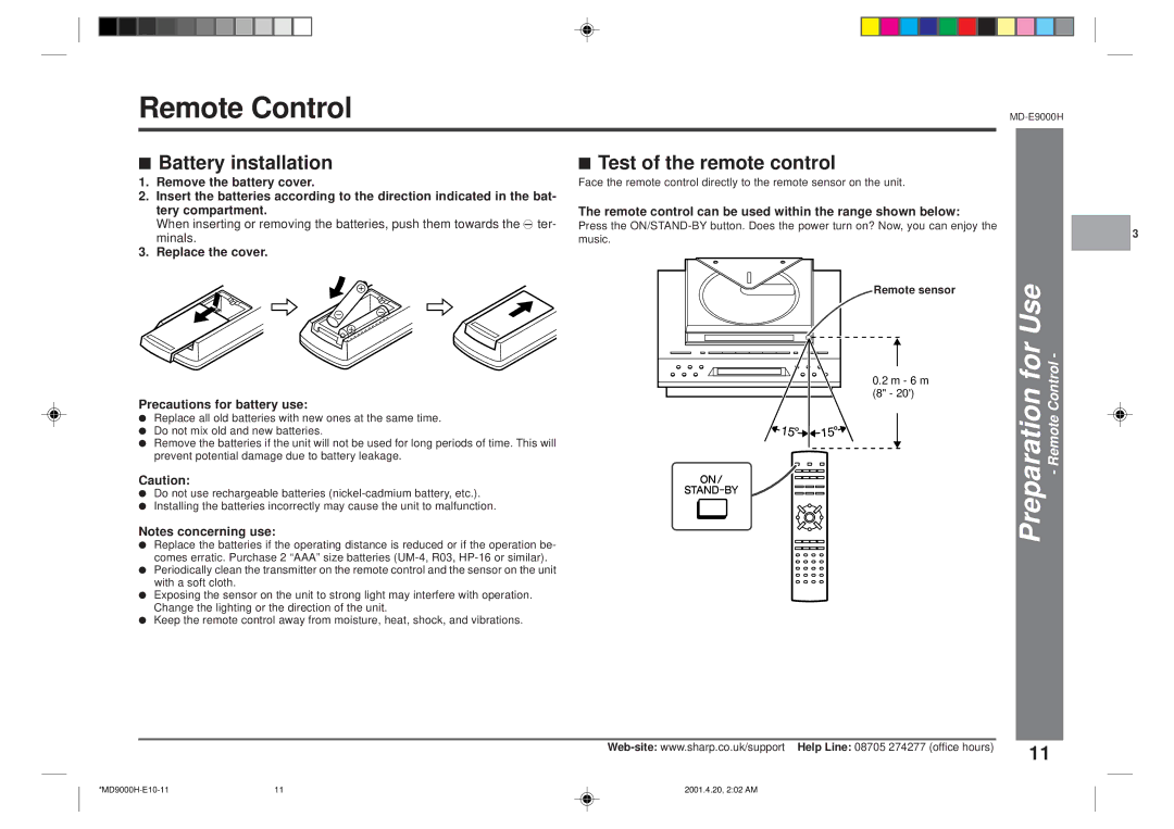 Sharp MD-E9000H operation manual Battery installation, Test of the remote control, Preparation for Use Remote Control 