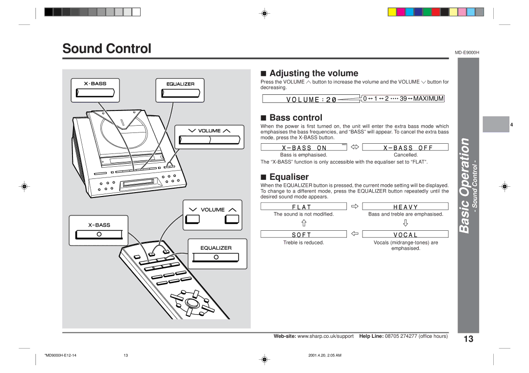 Sharp MD-E9000H operation manual Sound Control, Adjusting the volume, Bass control, Equaliser 