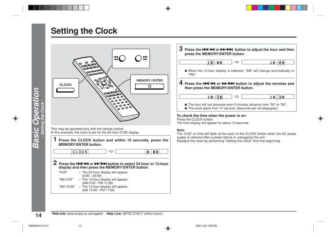 Sharp MD-E9000H operation manual Basic Operation Setting the Clock, To check the time when the power is on 