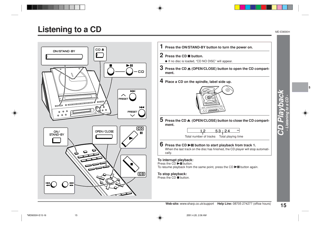 Sharp MD-E9000H CD Playback Listening to a CD, Press the CD 06 button to start playback from track, To stop playback 