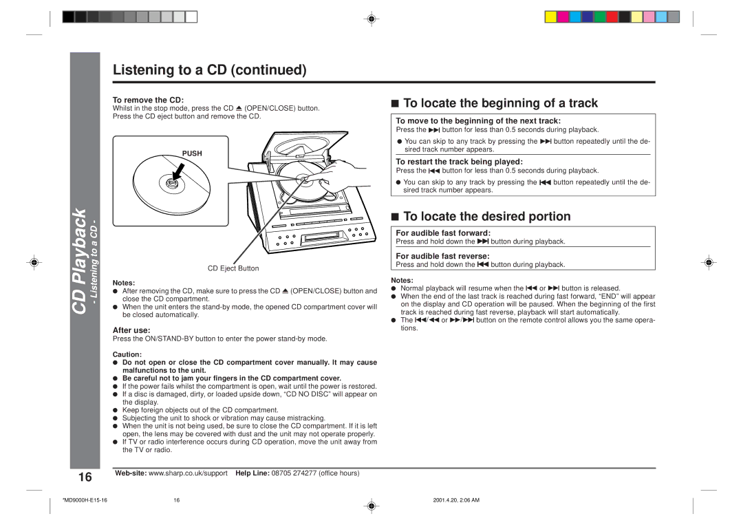 Sharp MD-E9000H operation manual Listening to a CD, To locate the beginning of a track, To locate the desired portion 