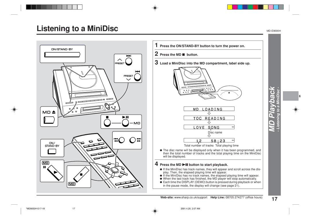 Sharp MD-E9000H operation manual MD Playback Listening to a MiniDisc, Press the MD 06 button to start playback 