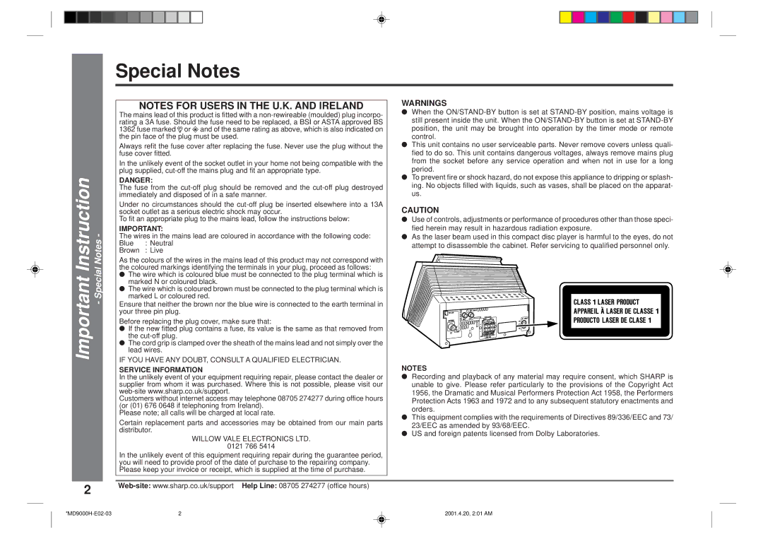 Sharp MD-E9000H operation manual Special Notes 