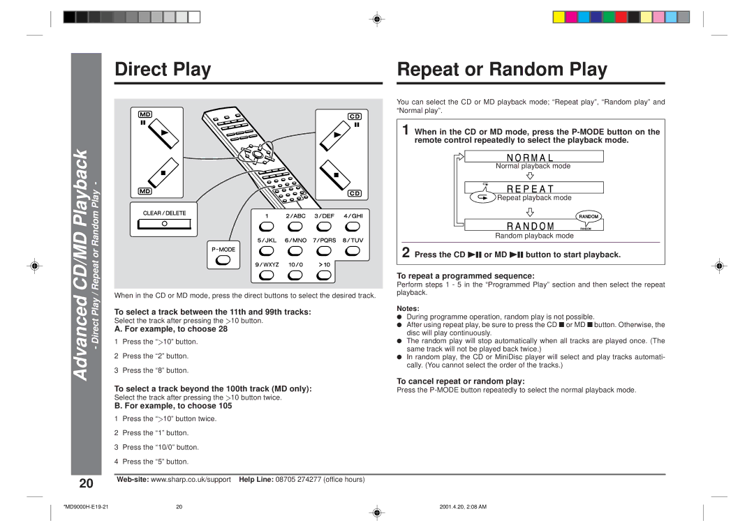 Sharp MD-E9000H operation manual Direct Play Repeat or Random Play 