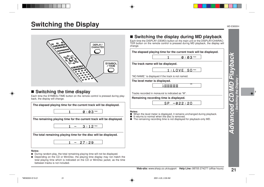 Sharp MD-E9000H Switching the Display, Switching the time display, Switching the display during MD playback 