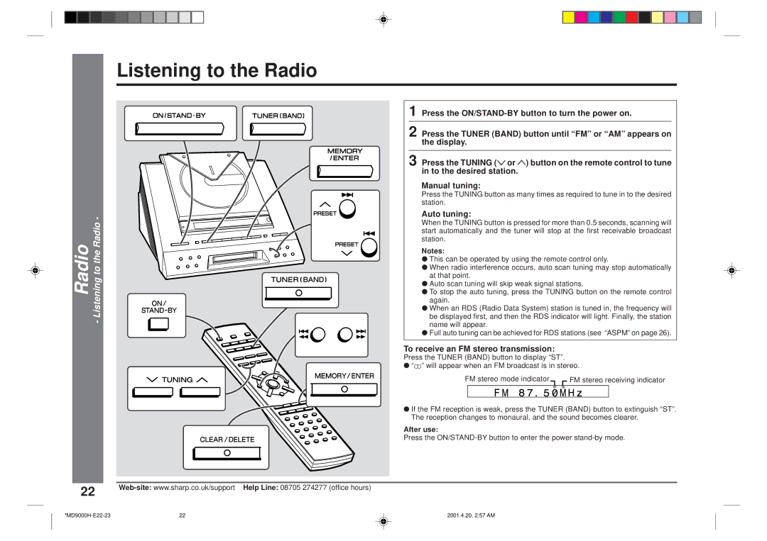 Sharp MD-E9000H operation manual Radio Listening to the Radio, Auto tuning, To receive an FM stereo transmission 