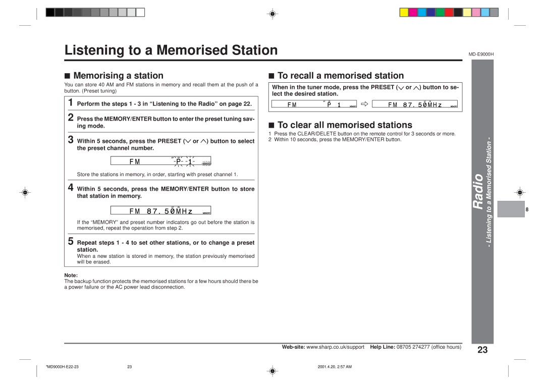 Sharp MD-E9000H operation manual Listening to a Memorised Station, Memorising a station, To recall a memorised station 