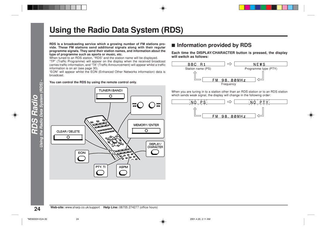 Sharp MD-E9000H operation manual Using the Radio Data System RDS, Information provided by RDS 