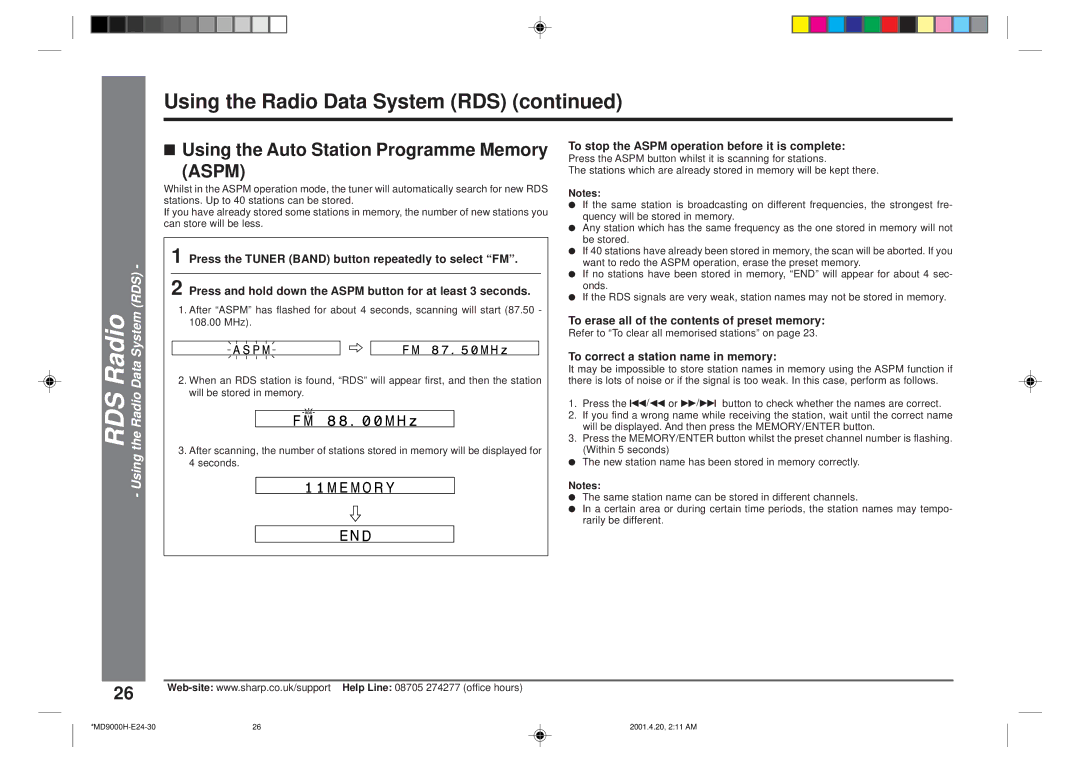 Sharp MD-E9000H operation manual Using the Radio Data System RDS, Using the Auto Station Programme Memory 