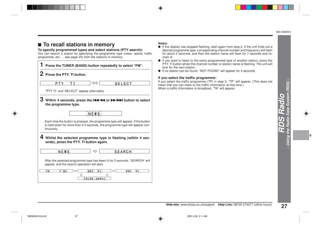 Sharp MD-E9000H operation manual To recall stations in memory, To specify programmed types and select stations PTY search 