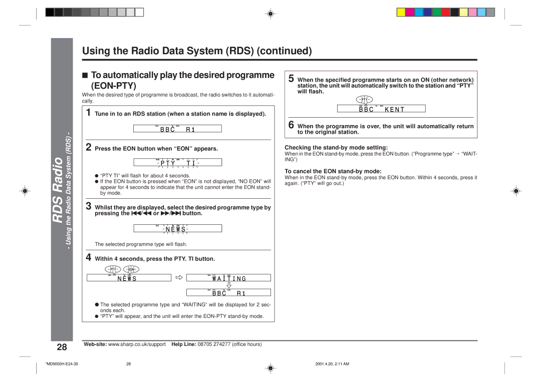 Sharp MD-E9000H operation manual Eon-Pty, To cancel the EON stand-by mode 