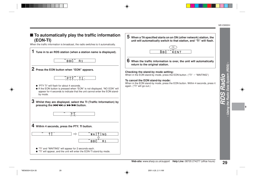 Sharp MD-E9000H operation manual To automatically play the traffic information, Eon-Ti 