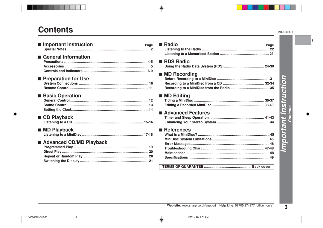 Sharp MD-E9000H operation manual Contents 