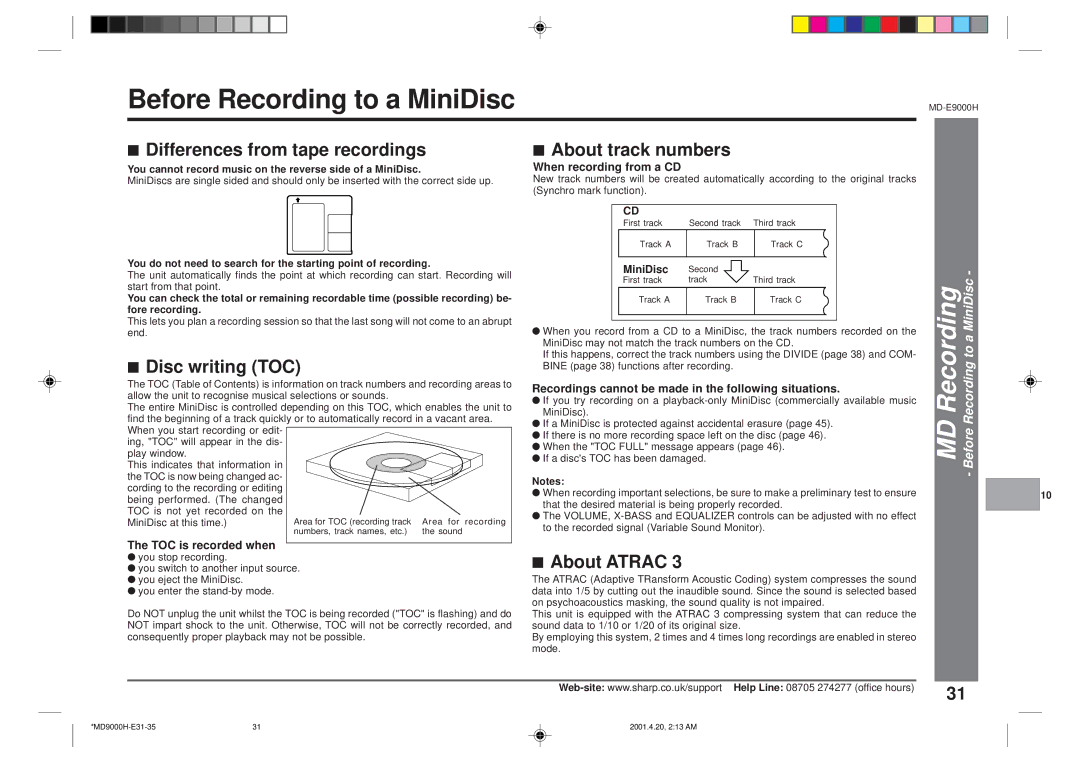 Sharp MD-E9000H Before Recording to a MiniDisc, Differences from tape recordings, About track numbers, Disc writing TOC 