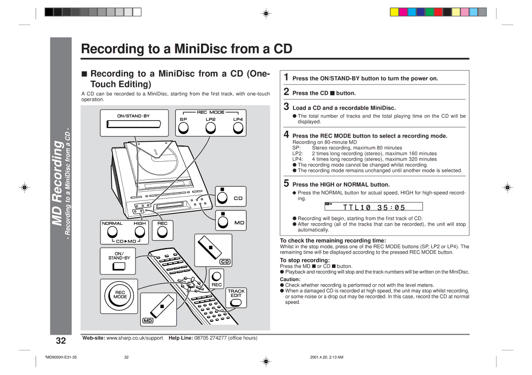 Sharp MD-E9000H Recording to a MiniDisc from a CD One Touch Editing, MD Recording Recording to a MiniDisc from a CD 