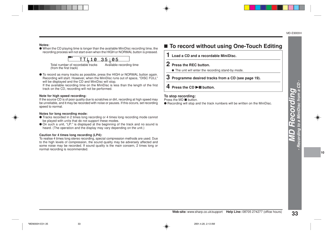 Sharp MD-E9000H operation manual To record without using One-Touch Editing, MD Recording 