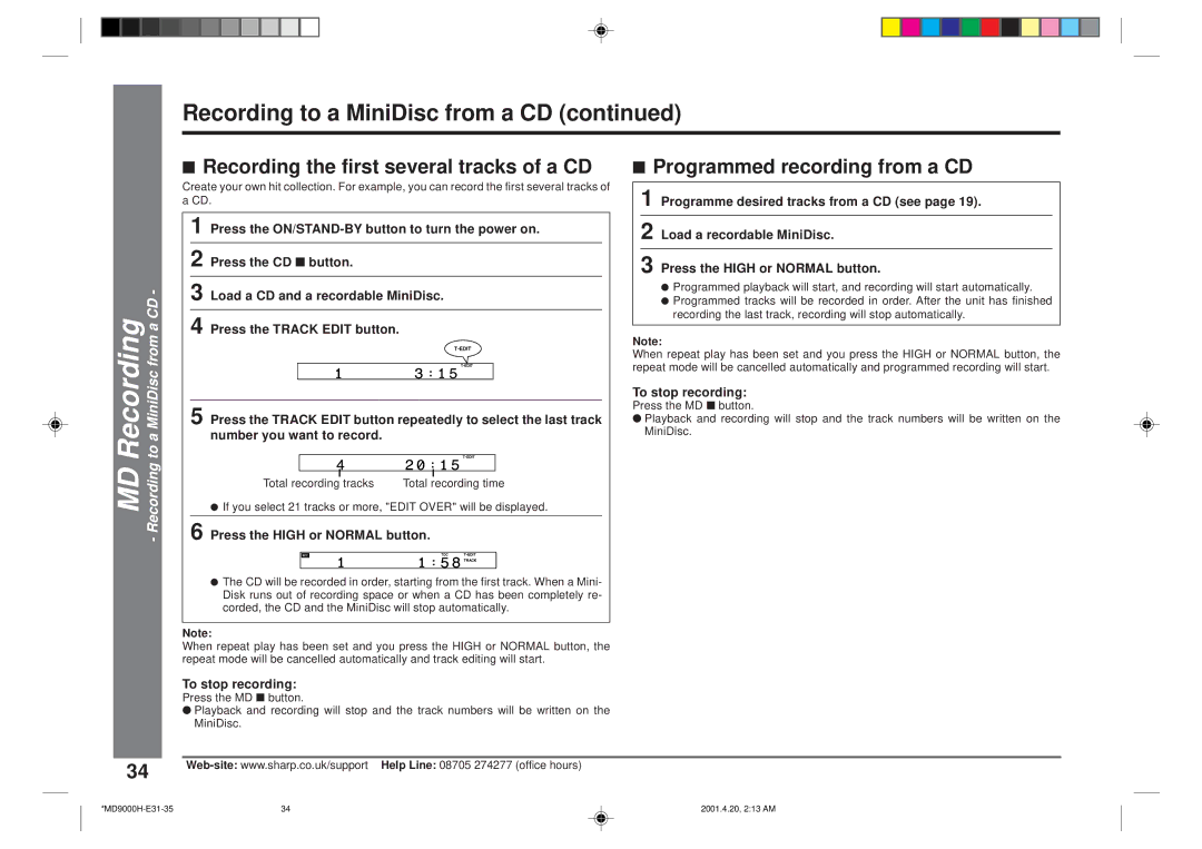 Sharp MD-E9000H operation manual Recording to a MiniDisc from a CD, Recording the first several tracks of a CD 