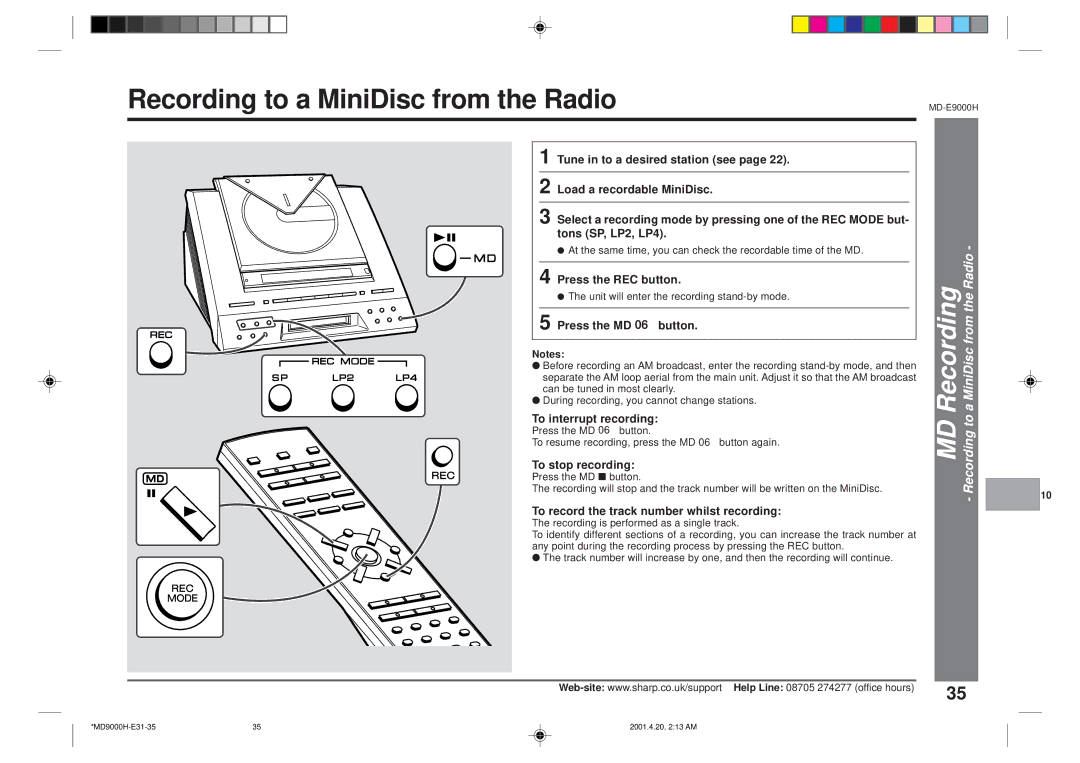 Sharp MD-E9000H MD Recording Recording to a MiniDisc from the Radio, Press the MD 06 button, To interrupt recording 