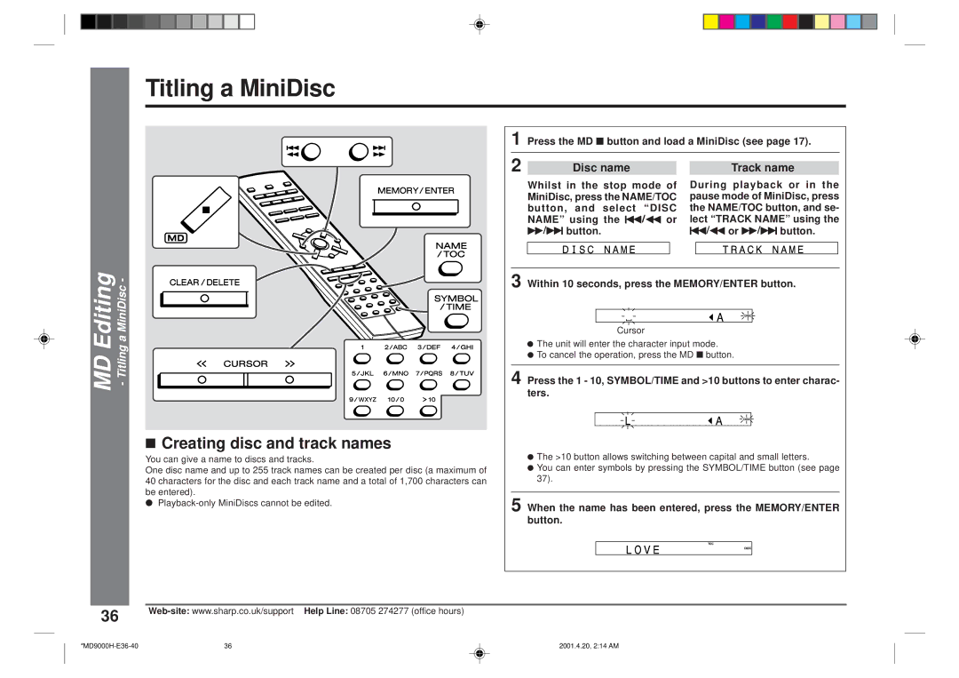 Sharp MD-E9000H operation manual Creating disc and track names, MD Editing Titling a MiniDisc 