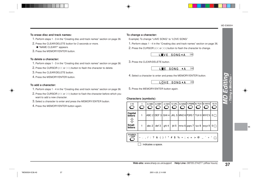 Sharp MD-E9000H operation manual MiniDiscaTitling 