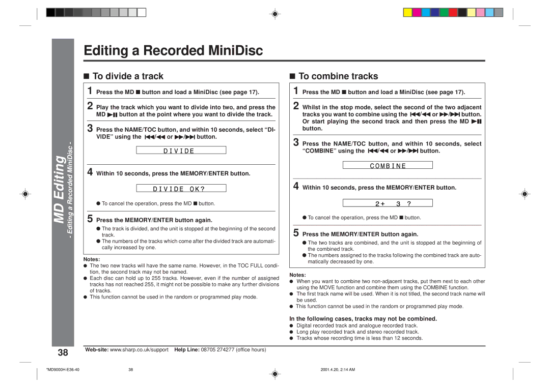 Sharp MD-E9000H operation manual To divide a track, To combine tracks, MD Editing Editing a Recorded MiniDisc 