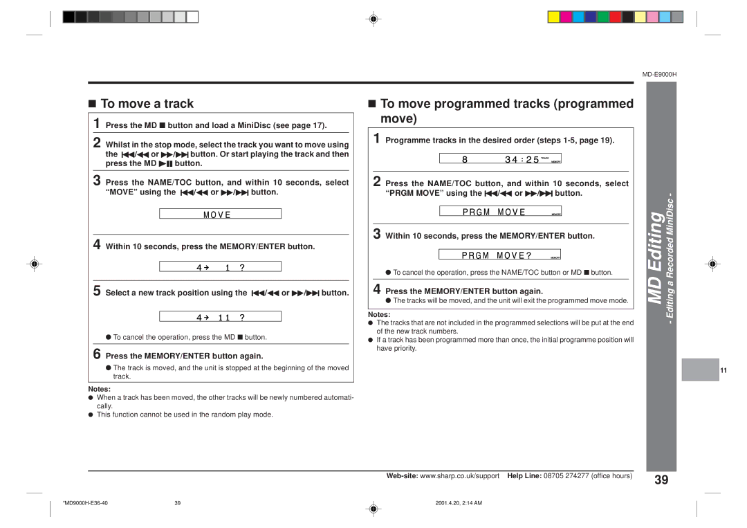 Sharp MD-E9000H operation manual To move a track, To move programmed tracks programmed move 