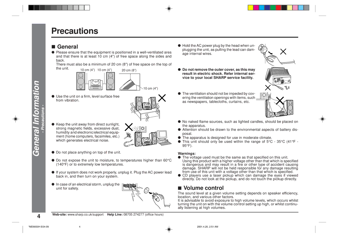 Sharp MD-E9000H operation manual Precautions, General, Volume control 