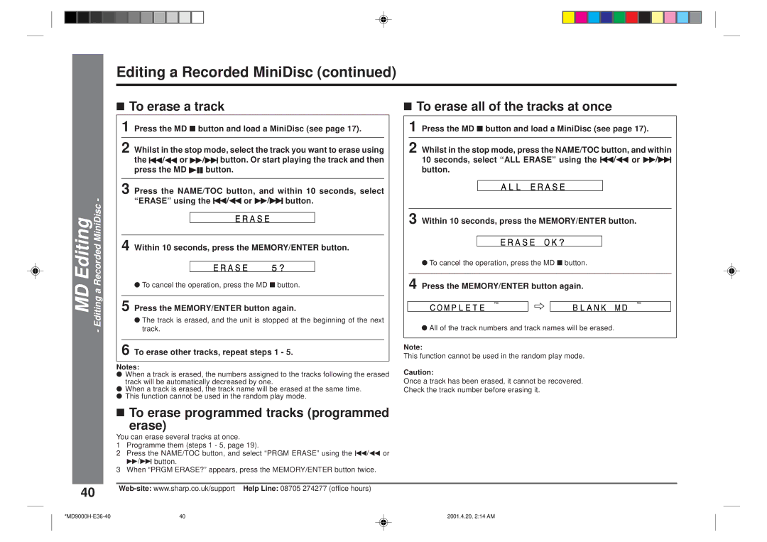 Sharp MD-E9000H operation manual Editing a Recorded MiniDisc, To erase a track, To erase all of the tracks at once 