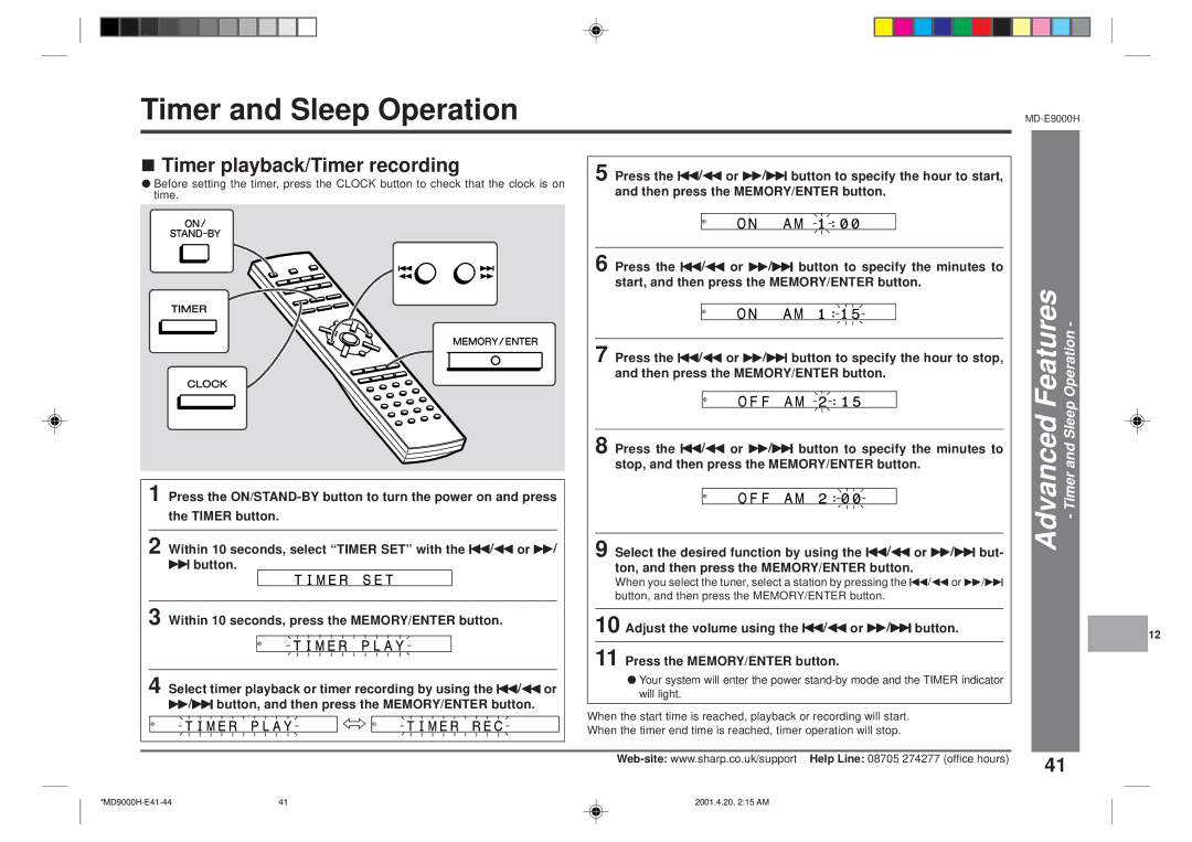 Sharp MD-E9000H operation manual Timer playback/Timer recording, Advanced Features Timer and Sleep Operation 