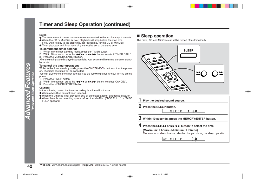 Sharp MD-E9000H Timer and Sleep Operation, Sleep operation, To confirm the timer setting, To cancel the timer operation 