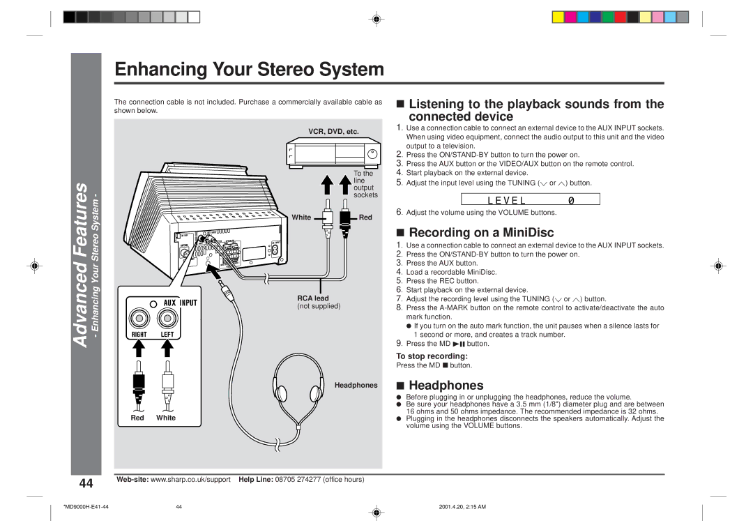 Sharp MD-E9000H Enhancing Your Stereo System, Listening to the playback sounds from Connected device, Headphones 