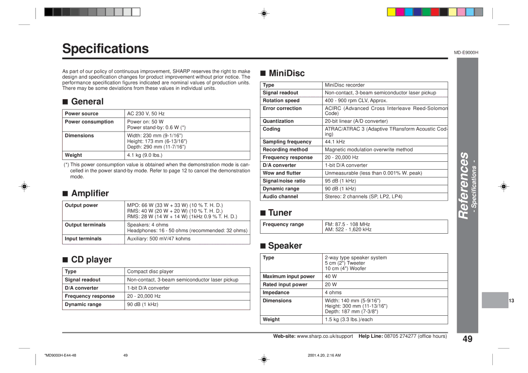 Sharp MD-E9000H operation manual Specifications, Amplifier, MiniDisc, Speaker 