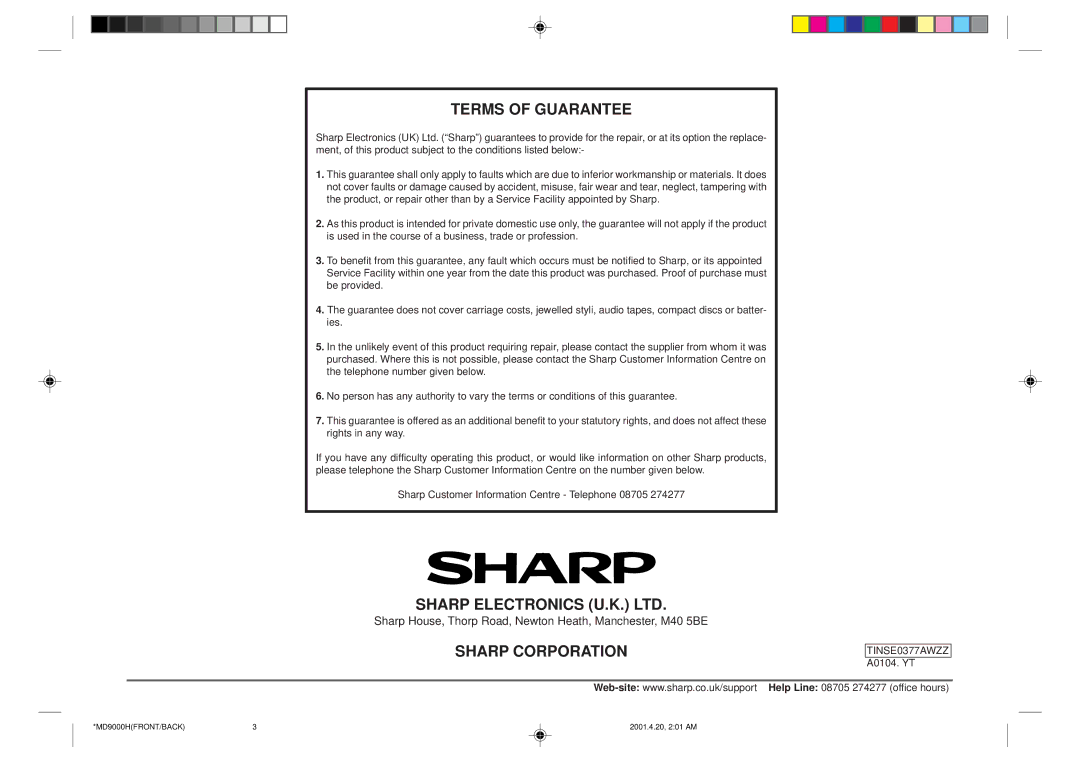 Sharp MD-E9000H operation manual Sharp Corporation 