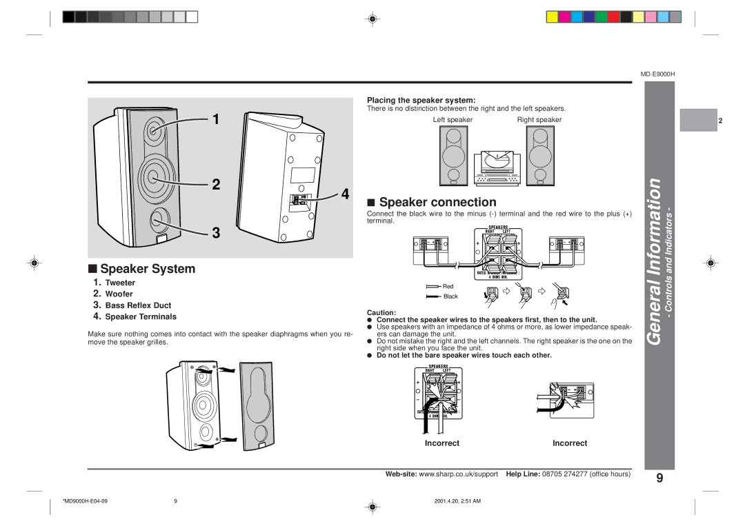 Sharp MD-E9000H Speaker System, Speaker connection, Tweeter Woofer Bass Reflex Duct Speaker Terminals, Incorrect 