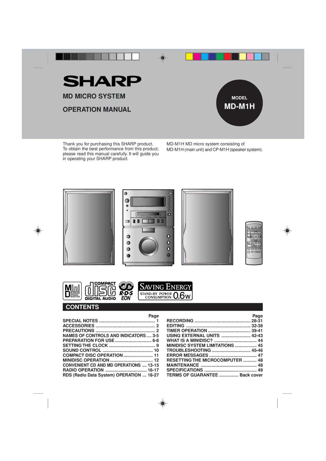 Sharp MD-M1H operation manual Contents 