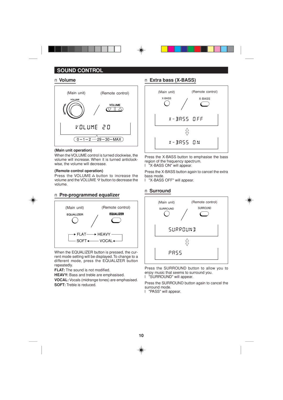 Sharp MD-M1H operation manual Sound Control, Volume, Pre-programmed equalizer, Extra bass X-BASS, Surround 