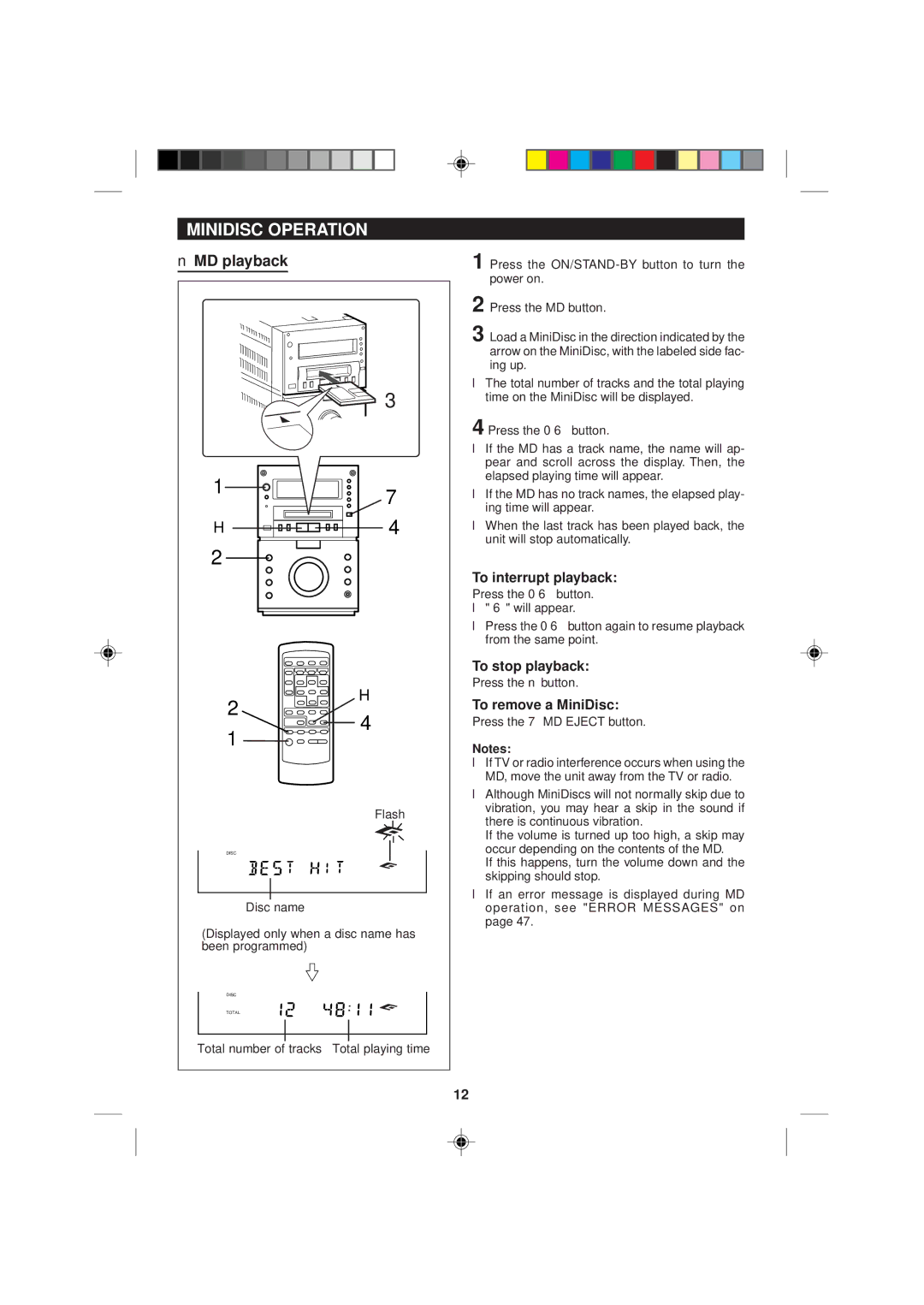 Sharp MD-M1H operation manual Minidisc Operation, MD playback, To remove a MiniDisc 