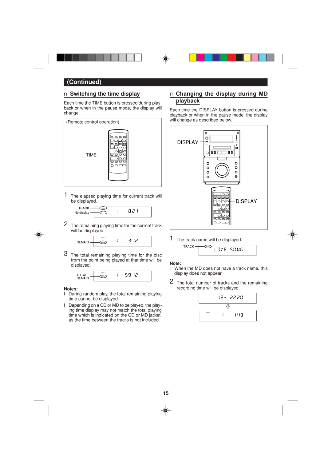 Sharp MD-M1H operation manual Switching the time display, Changing the display during MD playback, Time 