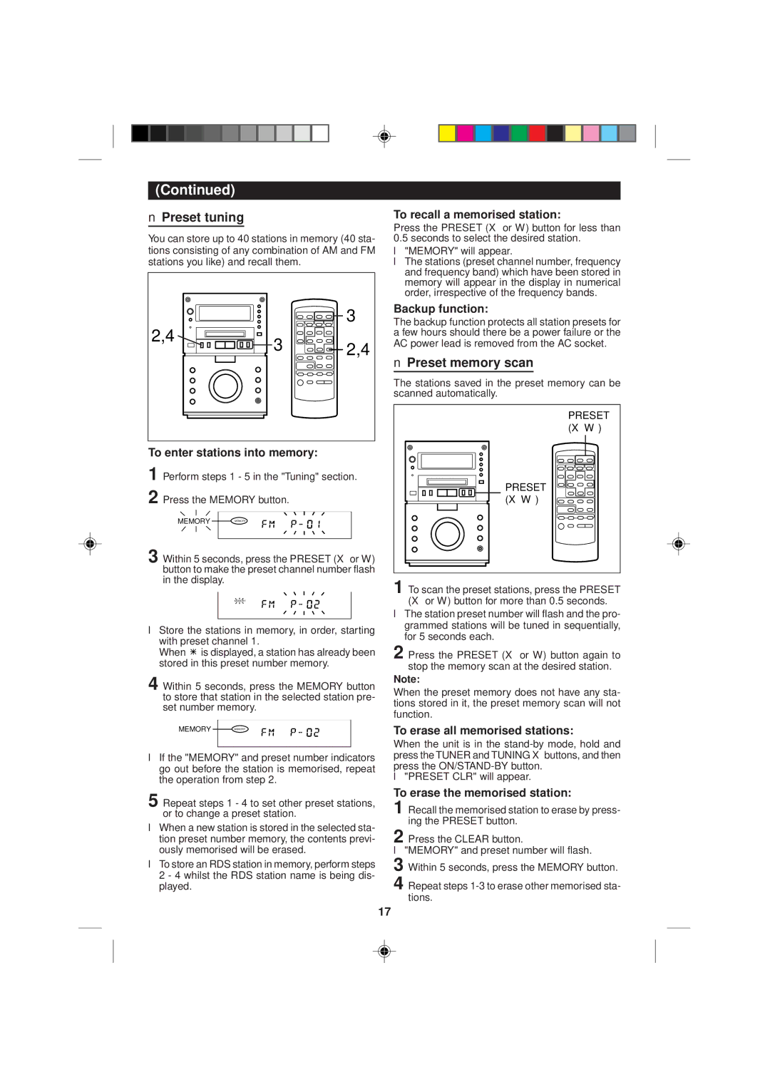 Sharp MD-M1H operation manual Preset tuning, Preset memory scan 