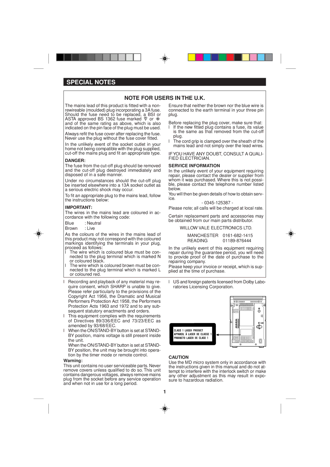 Sharp MD-M1H operation manual Special Notes, Service Information 