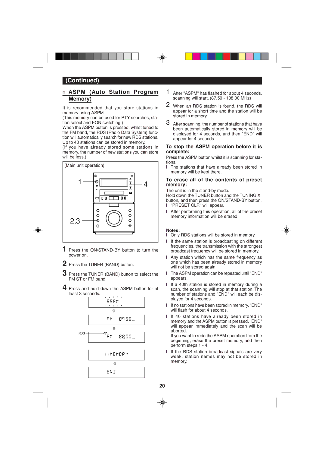 Sharp MD-M1H operation manual Aspm Auto Station Program Memory, To stop the Aspm operation before it is complete 