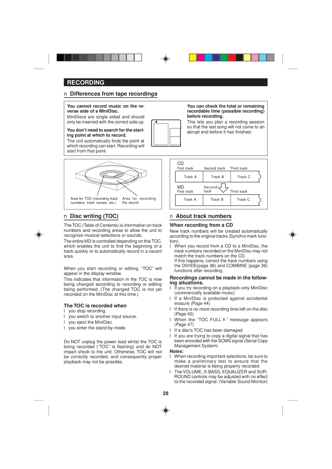 Sharp MD-M1H operation manual Recording, Differences from tape recordings, Disc writing TOC, About track numbers 